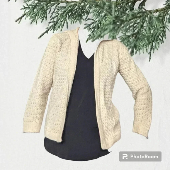 Vintage Bams San Francisco Beige Waffle Knit Open Front Cardigan - Picture 1 of 8